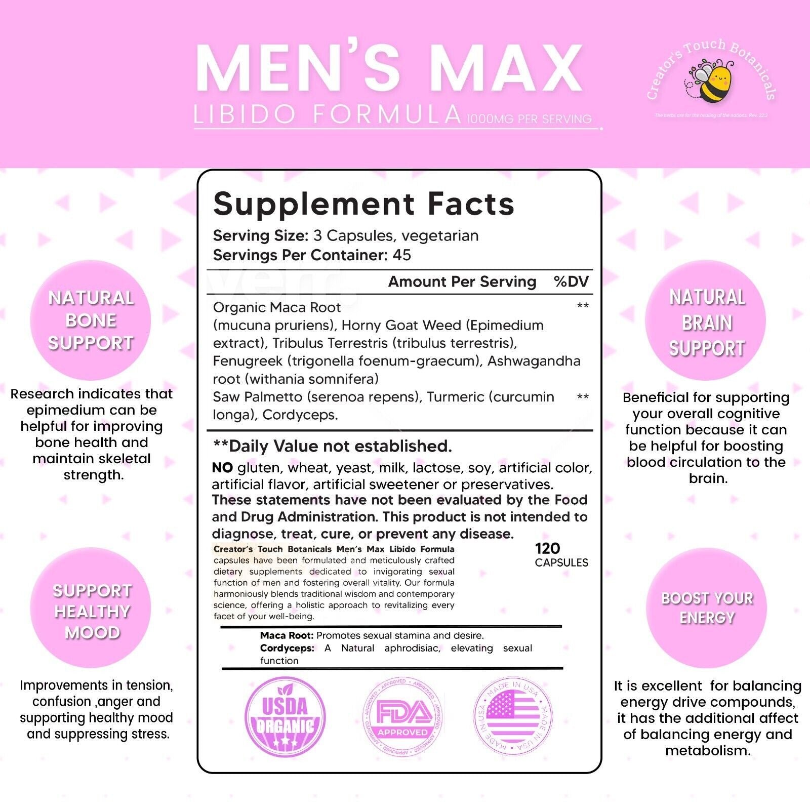 Men'S Max Capsules 120 Caps, Organic, Sexual Stamina, Testosterone Boost, Libido