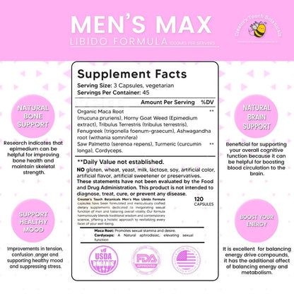 Men'S Max Capsules 120 Caps, Organic, Sexual Stamina, Testosterone Boost, Libido