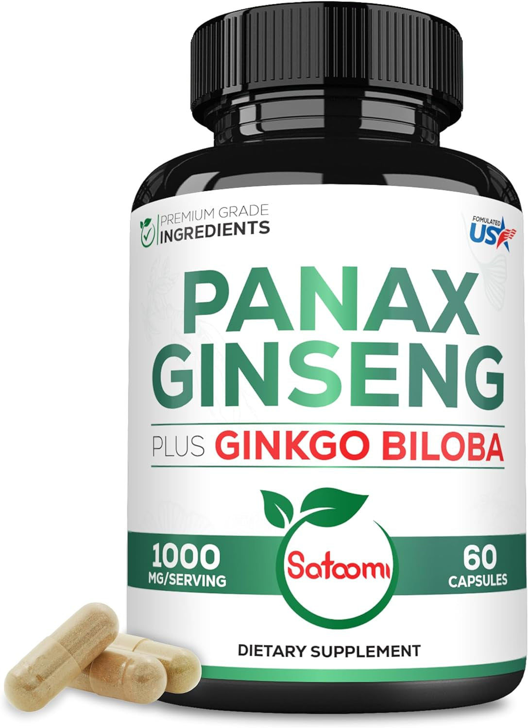 1000Mg Korean Red Panax Ginseng and Ginkgo Biloba Supplement - 60 Vegan Capsules