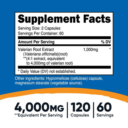 Valerian Root Capsules 1000Mg, 120 Caps - Gluten Free, Non-Gmo Nutricost