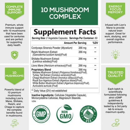 Mushroom Complex Supplement Capsules - 10 Mushrooms Lions Mane, Reishi, Chaga