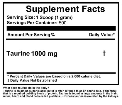 1.1Lb (500G) 100% PURE L-TAURINE FREE-FORM AMINO ACID POWDER USP GRADE