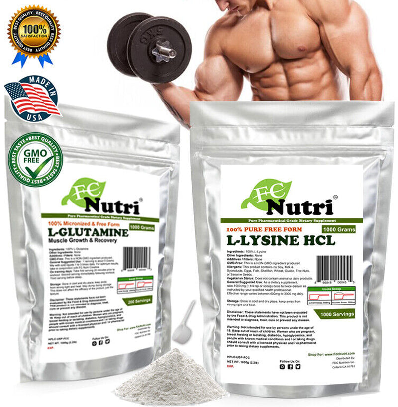 Bundle Package L-Glutamine Powder & Lysine HCL - Pure - 1000G per Serving