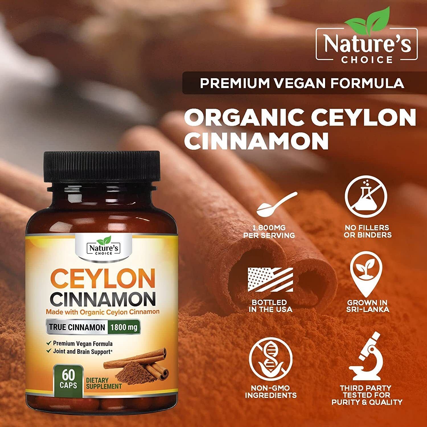 Organic Ceylon Cinnamon Capsules 1800Mg Highest Potency Blood Sugar Support