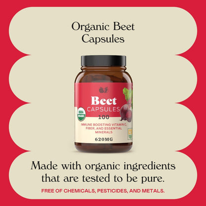 Organic Beet Root Capsules - Made in USA, Boost Energy, Stamina, Nitric Oxide