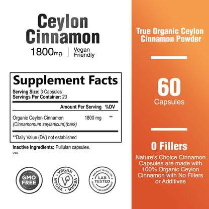 Organic Ceylon Cinnamon Capsules 1800Mg Highest Potency Blood Sugar Support