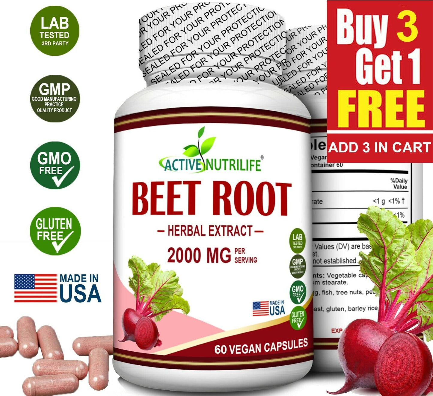 Active Nutrilife Organic Beet Root 60 Capsules - Made in USA, Boost Energy