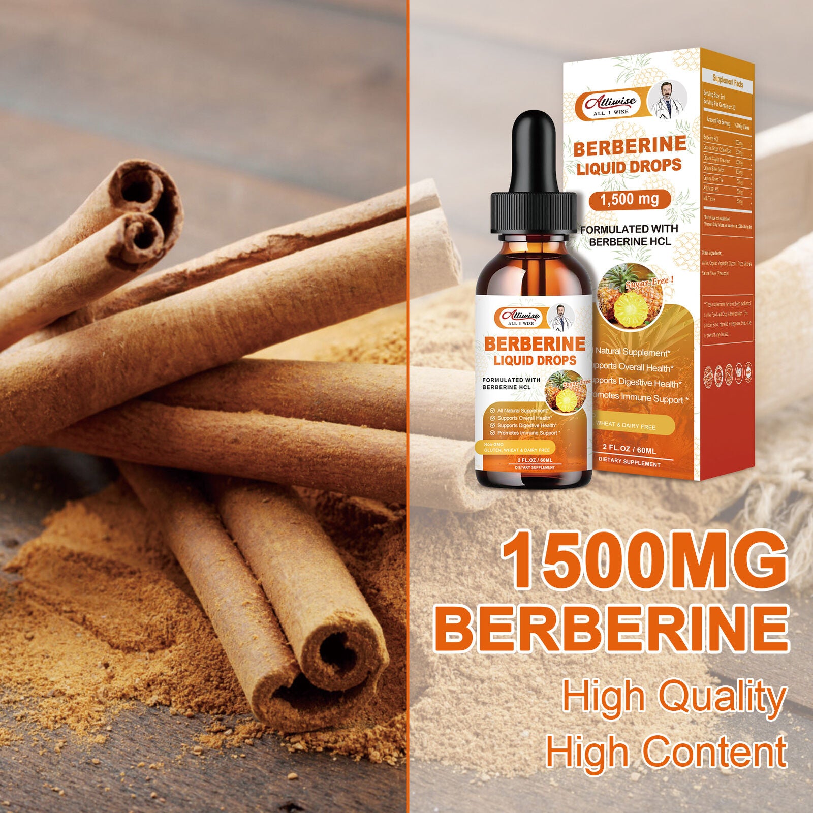 1500MG Berberine Liquid Drops Berberine HCL Support Immune Digestion System 60ML