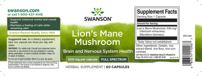 SWANSON LION'S MANE Mushroom 500Mg 2 X 60 Capsules