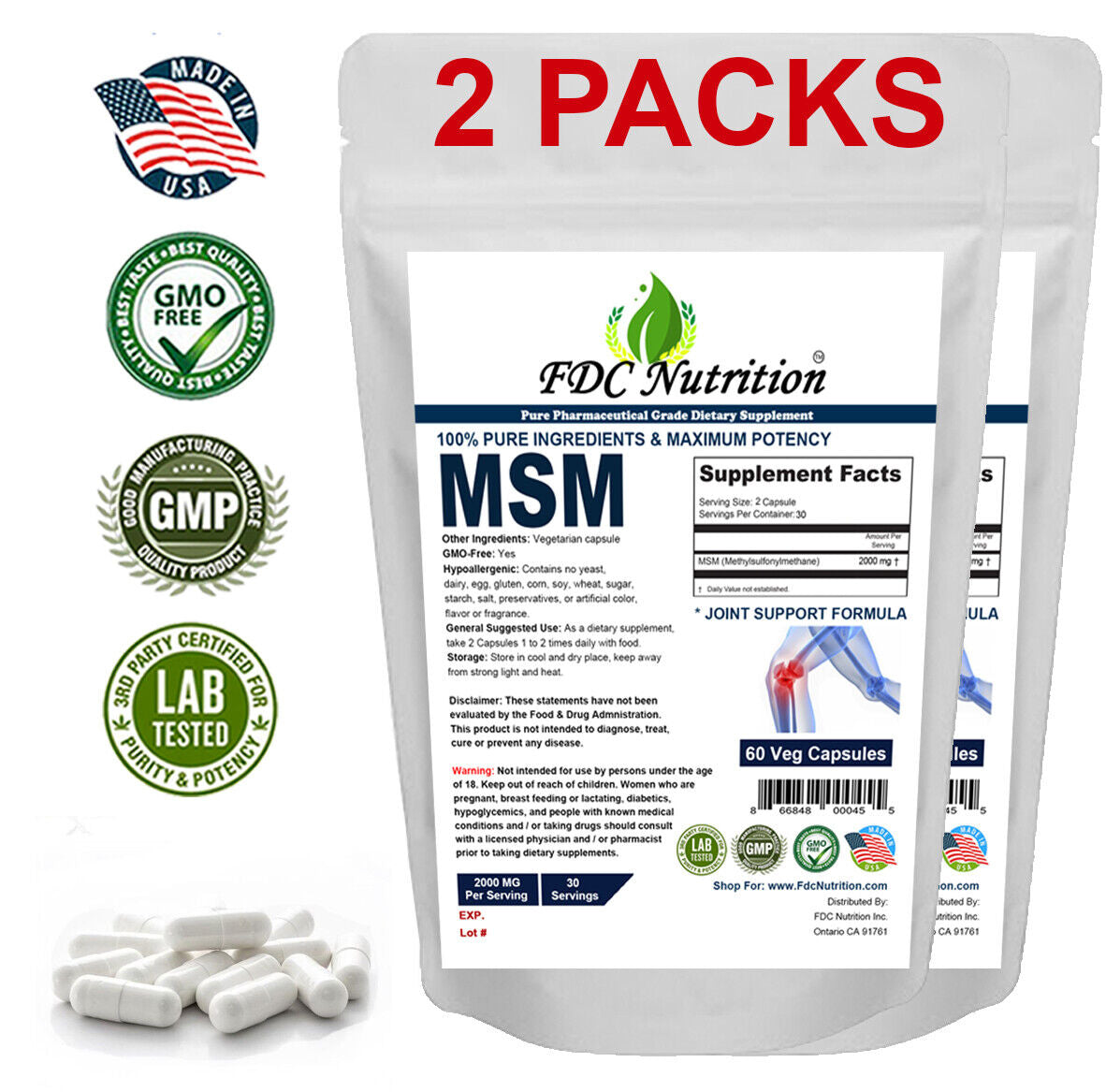 FDC NUTRITION MSM 1000 Mg, 120 Veg Capsules 2 PACKS for Joint Health