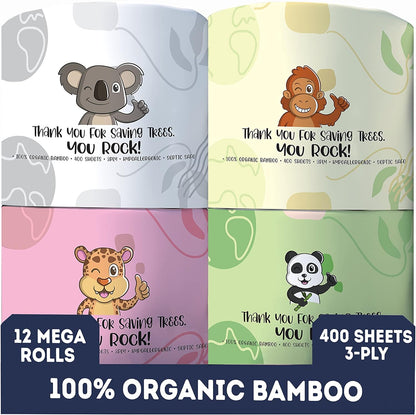 Organic Bamboo Toilet Paper | 400 Sheets 3-Ply | 12 Hypoallergenic Mega Rolls | BPA Bleach free