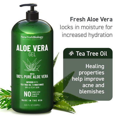 New York Biology Aloe Vera Gel for Face, Skin and Hair - Infused with Tea Tree O