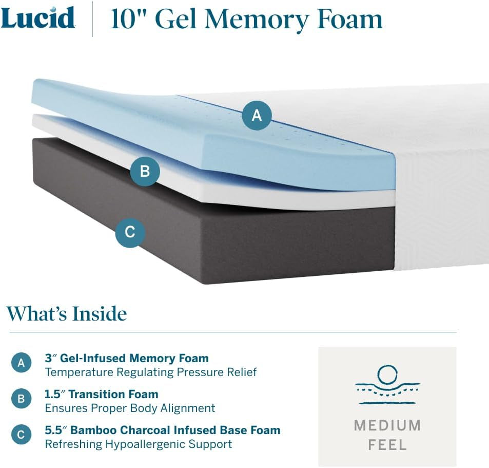 LUCID 10 Inch Memory Foam Mattress - Medium Feel - Infused with Bamboo Charcoal