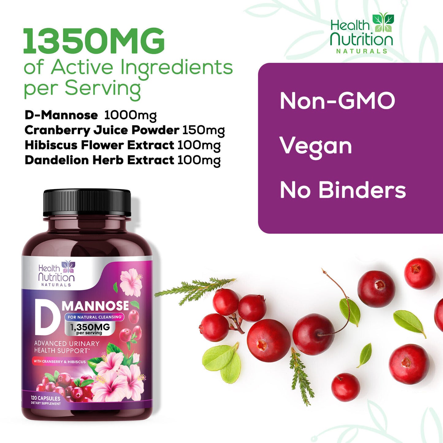 D-Mannose Capsules 1350Mg with Cranberry UTI Support & Cleanse, Bladder Health