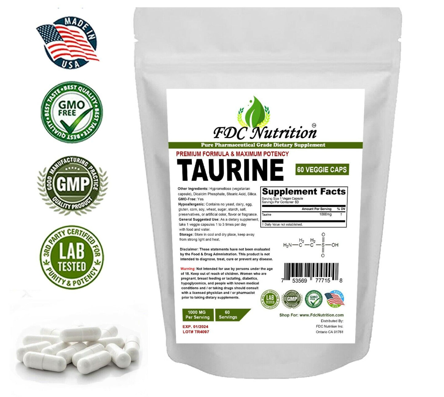 Taurine 1000Mg, 60 Vegan Capsules - Gluten Free & Non-Gmo