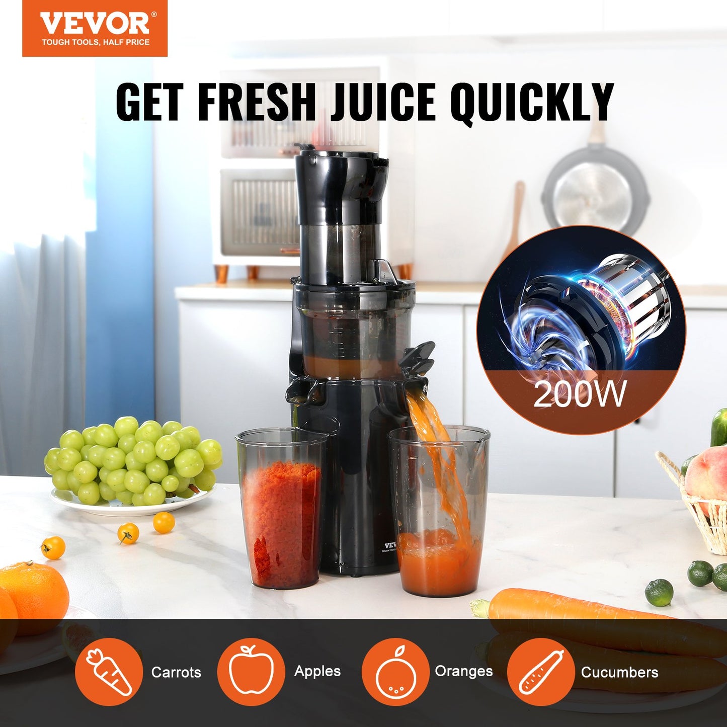 VEVOR Masticating Juicer, Cold Press Juicer Machine, 2.6" Large Feed Chute Slow