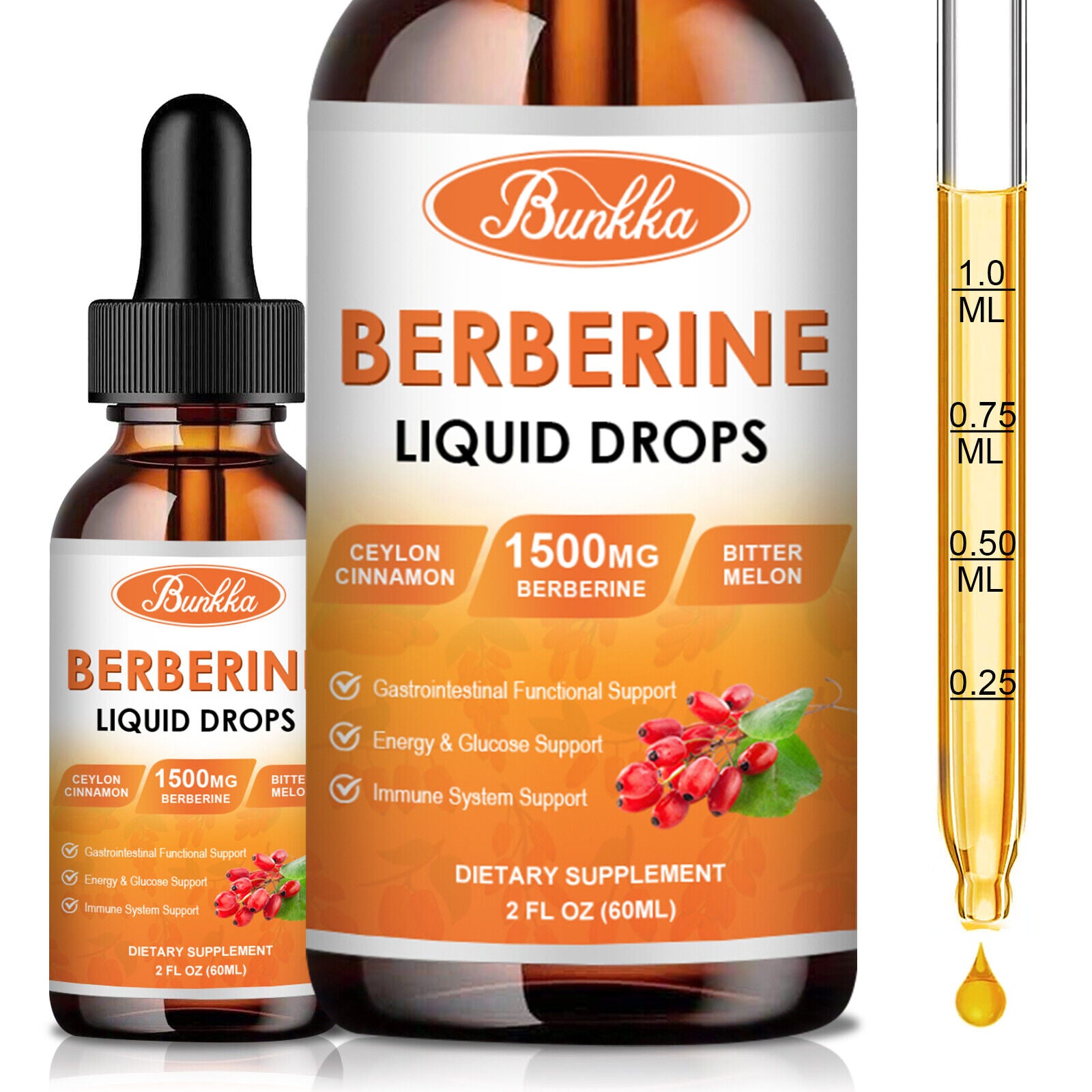 Bunkka Berberine Liquid Drops 1500Mg Berberine W/Ceylon Cinnamon Bitter Melon