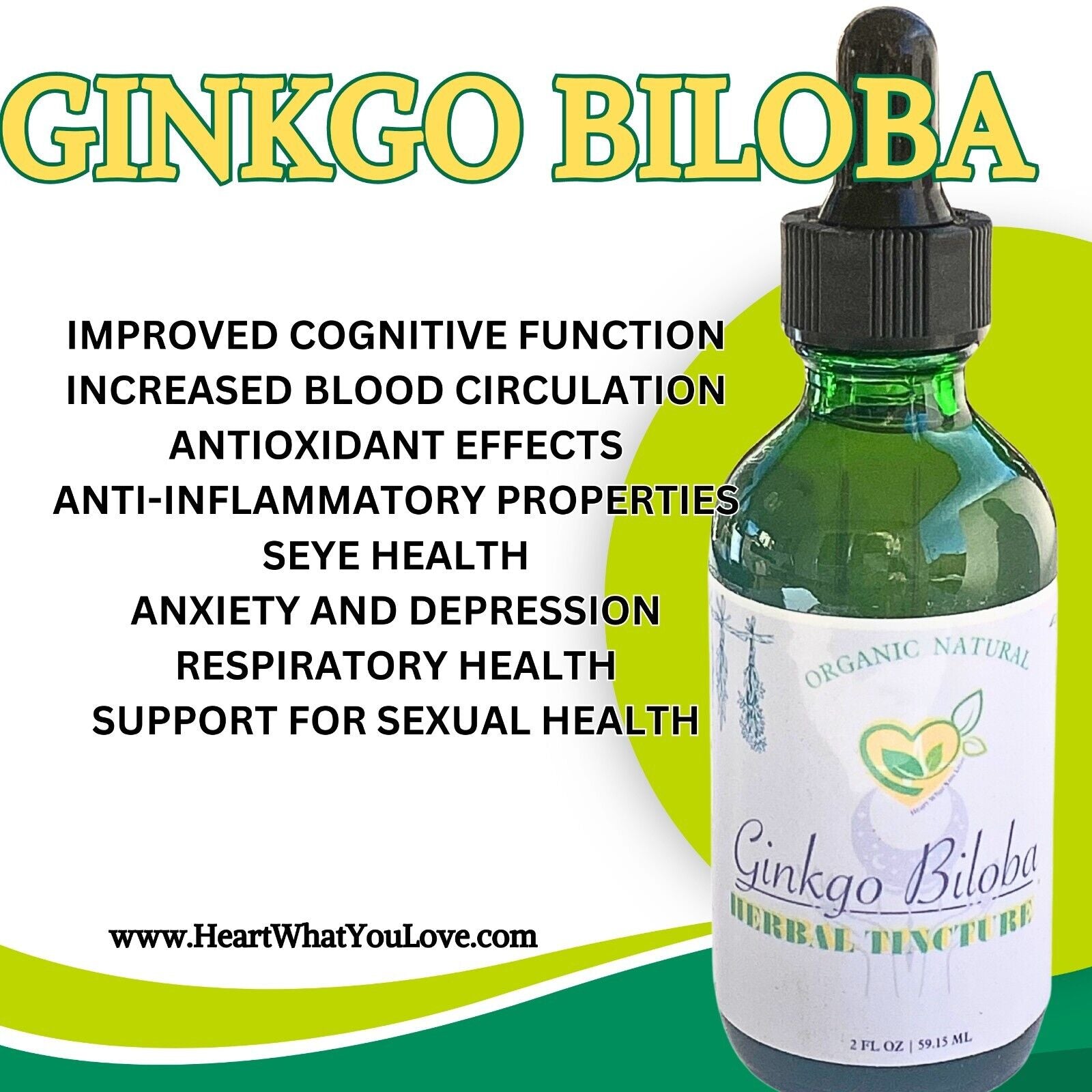 Ginkgo Biloba Tincture Organic Liquid Herbal Drops 2 OZ Cognitive Extract Bottle