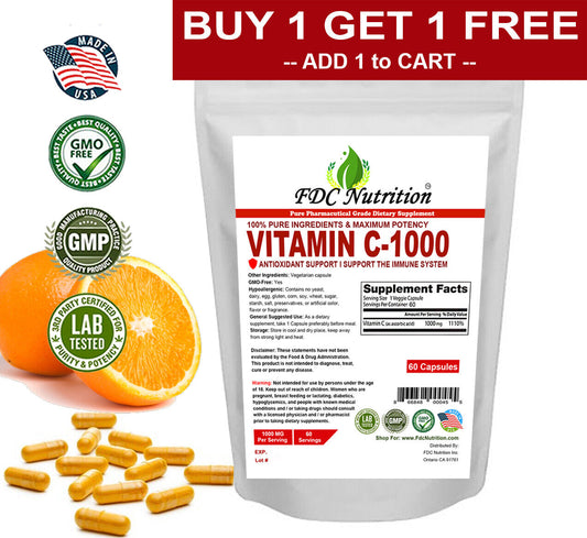 Pure Vitamin C 1000Mg - Immune Support - 60 Capsules Each BUY 1 GET 1 FREE