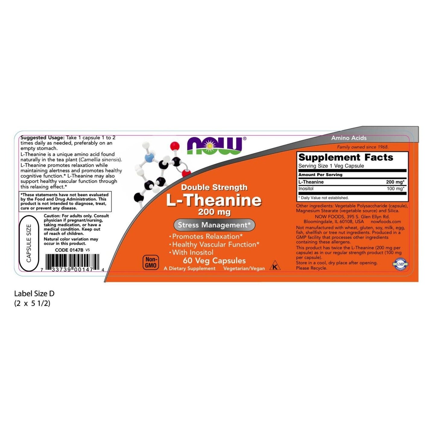 NOW Foods L-Theanine, 200 Mg, 60 Veg Capsules