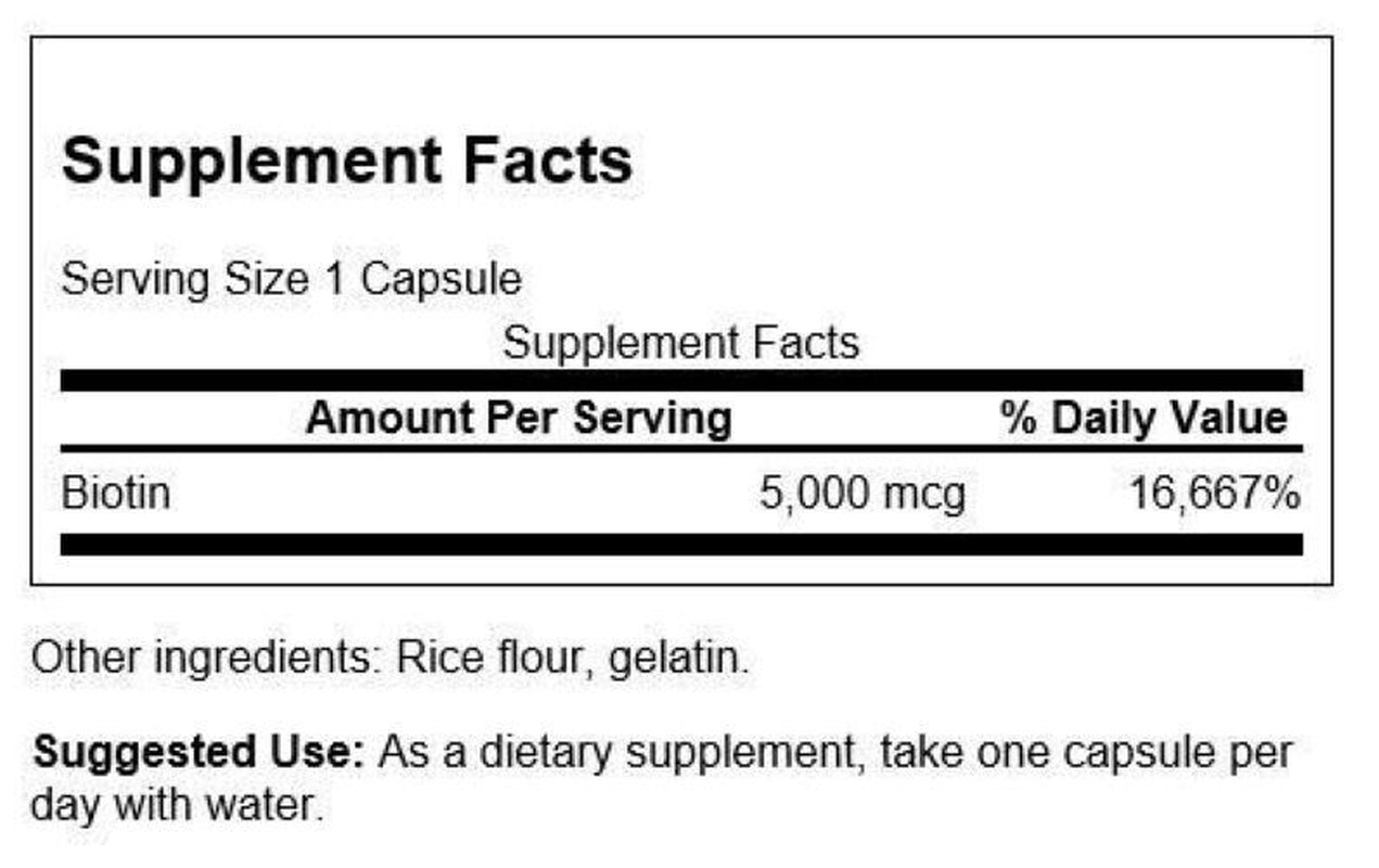 Swanson Biotin 5000Mcg 2 X 100 Caps. HAIR, SKIN, Dietary Supplement