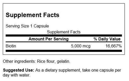 Swanson Biotin 5000Mcg 2 X 100 Caps. HAIR, SKIN, Dietary Supplement