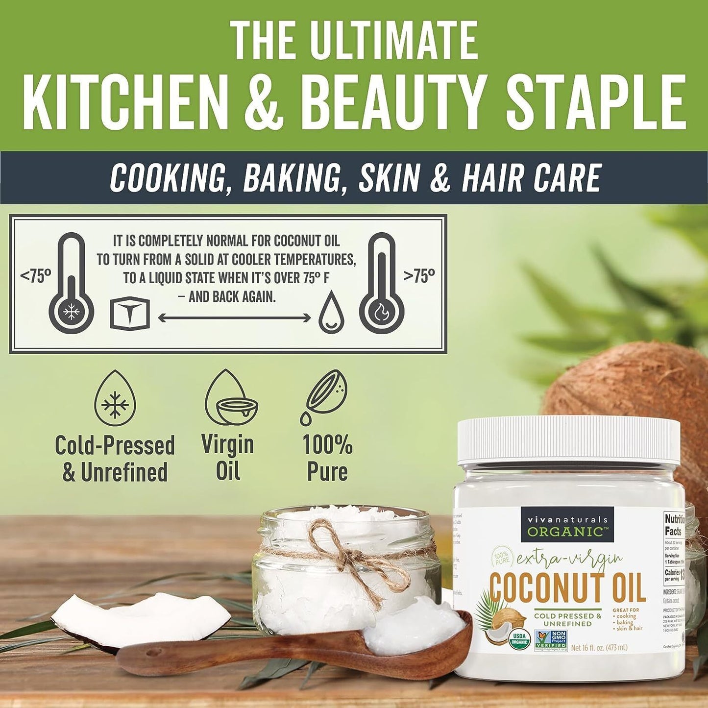 Organic Coconut Oil, Cold-Pressed Virgin