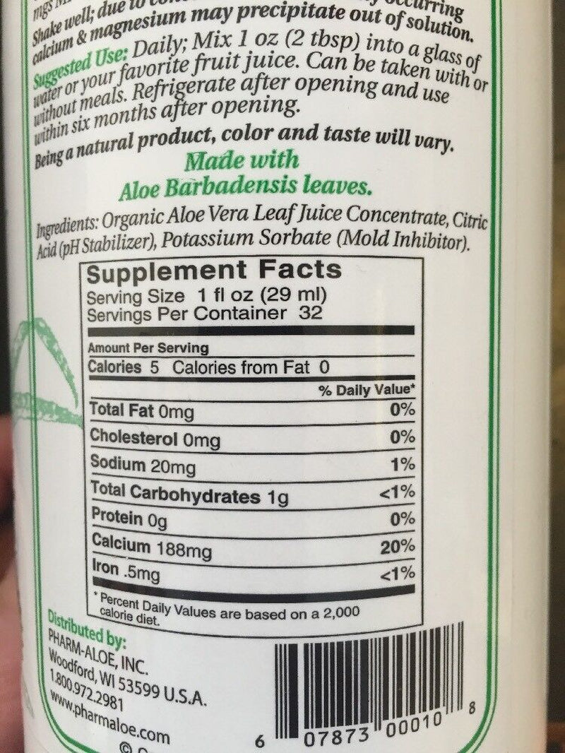 Aloe Vera Organic Leaf Juice 32Oz 4X CONCENTRATE Made in USA by Pharm Aloe