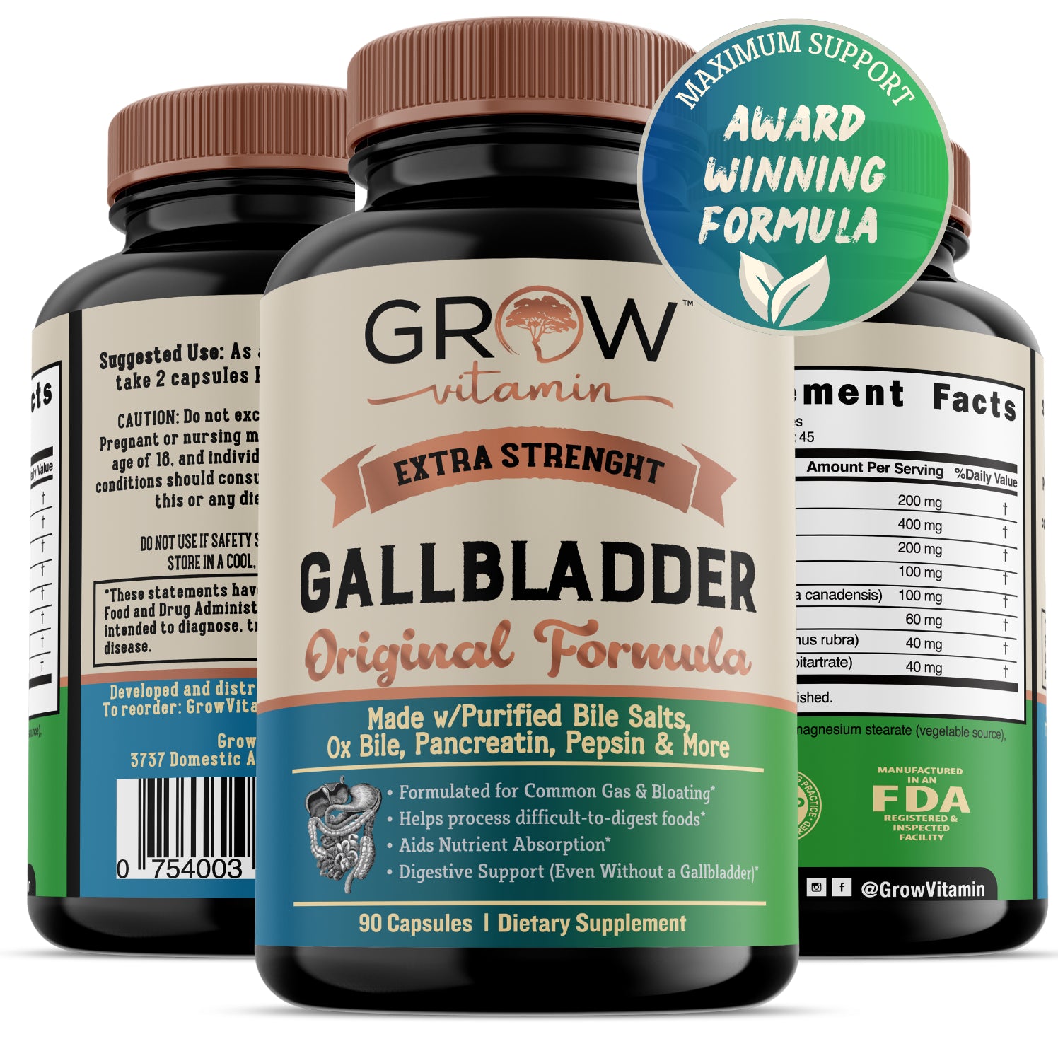 Gallbladder Natural Formula Extra Strength with Bile Salts, Ox Bile, Pancreatin, Pepsin