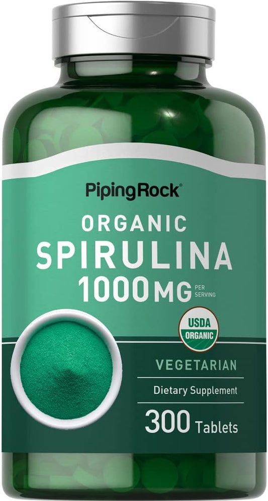 Organic Spirulina Tablets 1000 Mg | 300 Pills | Vegetarian, Non-Gmo, Piping Rock