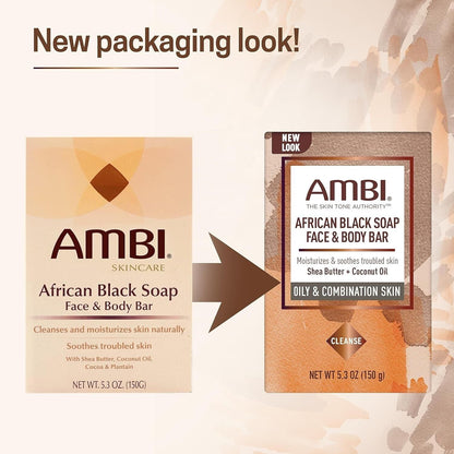 Ambi African Black Soap Face & Body Bar, Cleans and Nourishes Skin, Rinses Clear