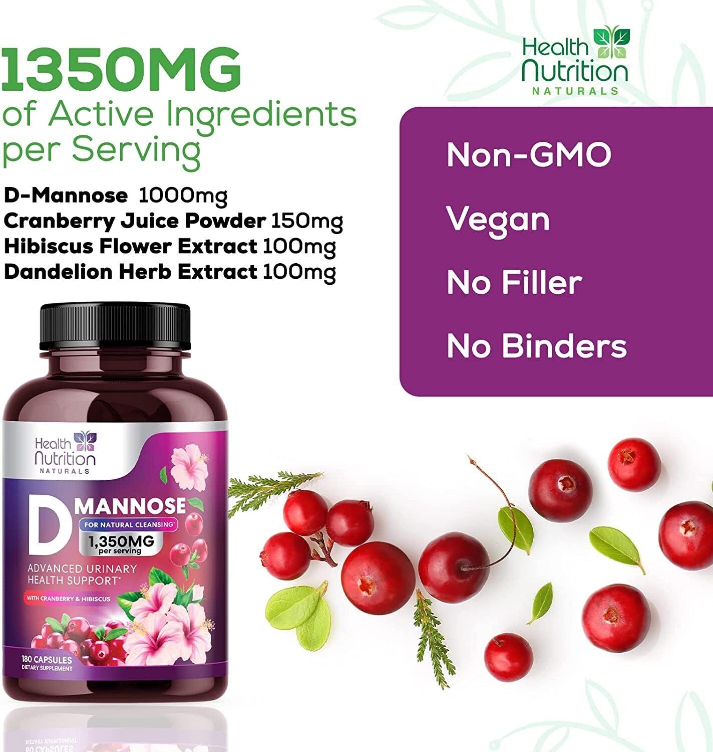 D-Mannose Capsules 1350Mg with Cranberry UTI Support & Cleanse, Bladder Health