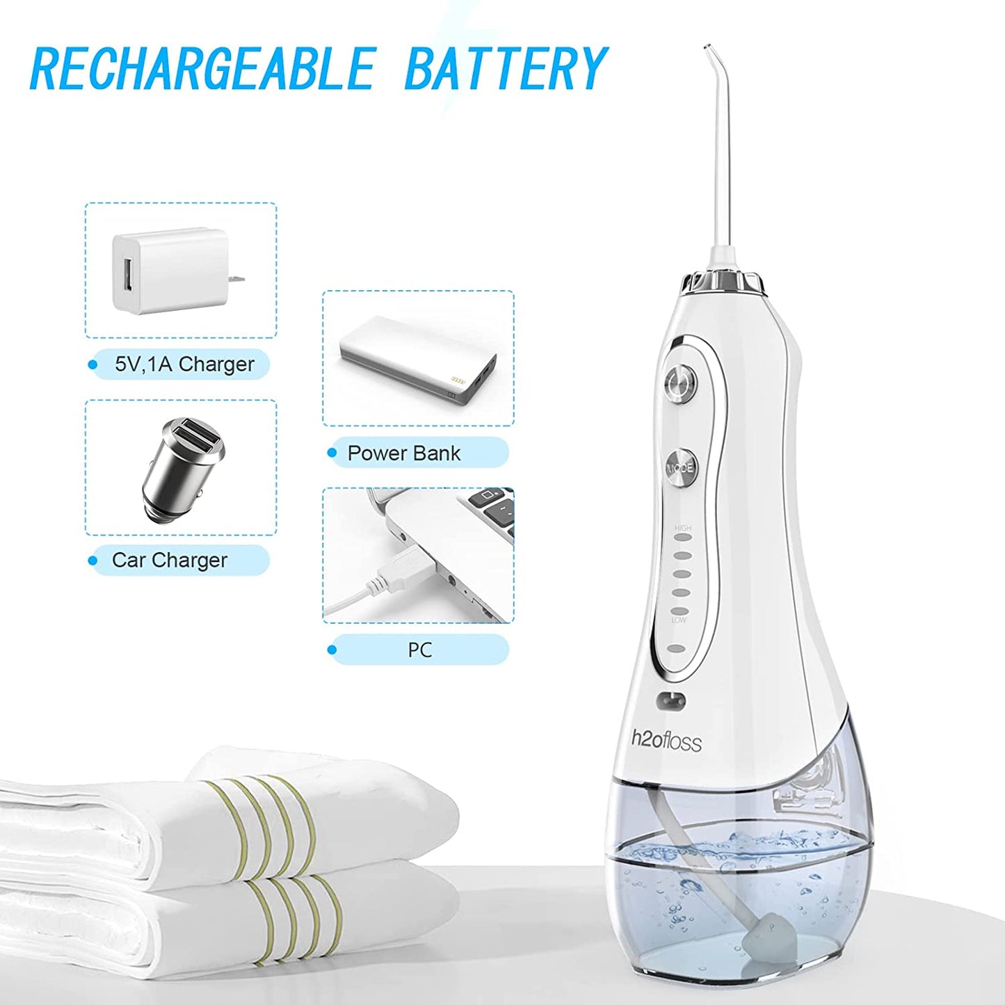 H2Ofloss Water Flosser Portable Dental Oral Irrigator with 5 Modes, 6 Replaceabl