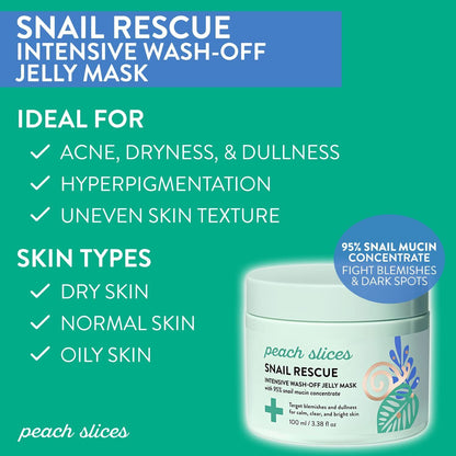 Peach Slices | Snail Rescue Intensive Treatment Wash-Off Face Mask | 95% Snail M