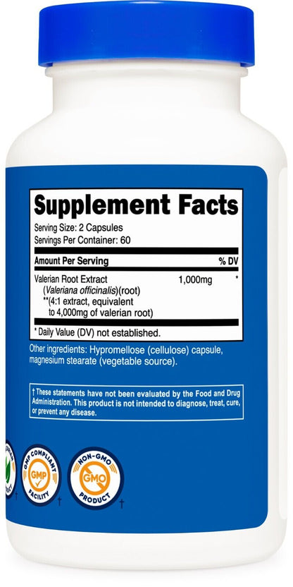 Valerian Root Capsules 1000Mg, 120 Caps - Gluten Free, Non-Gmo Nutricost