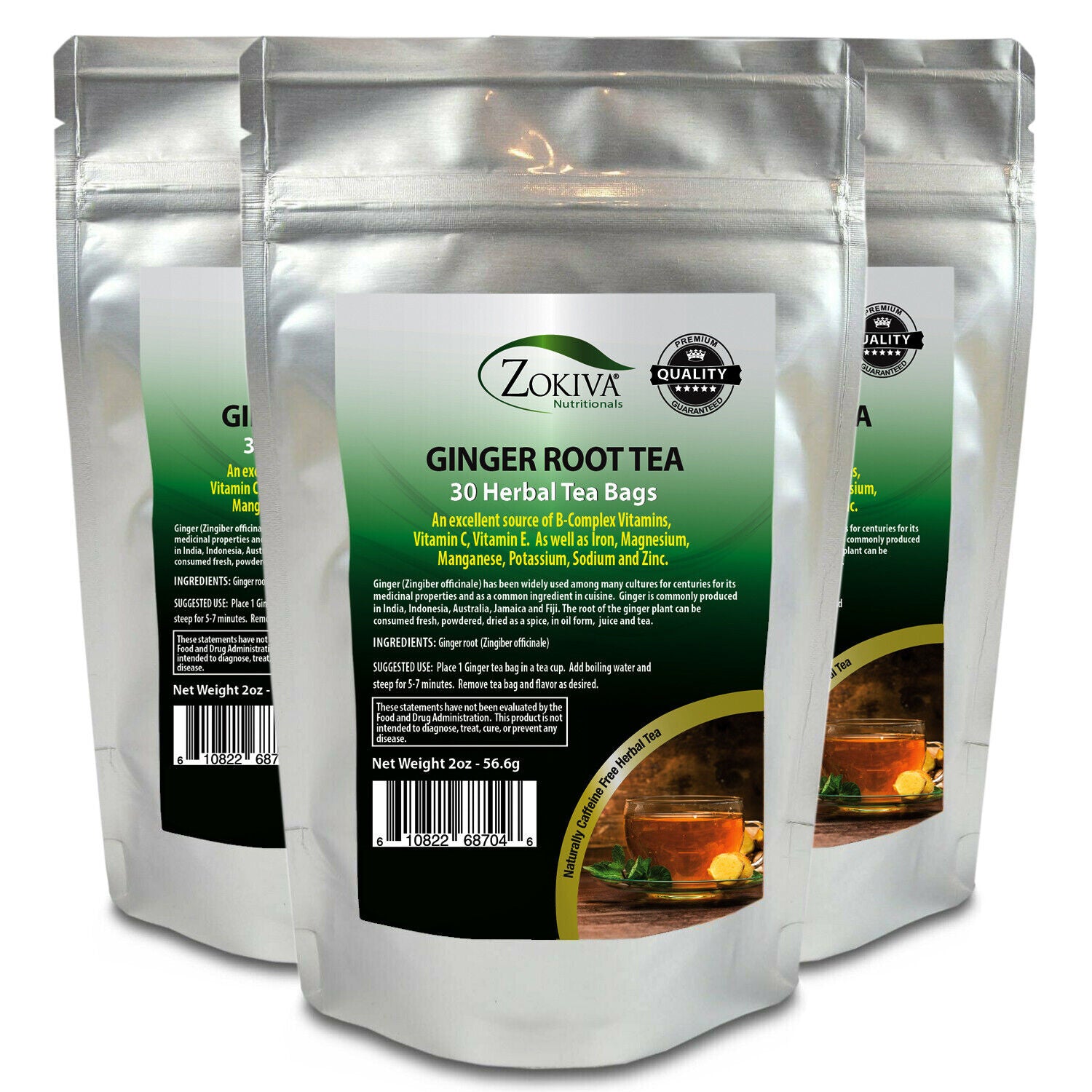 Ginger Tea Bags 3-Pack (90) All-Natural Premium Root - Caffeine-Free Herbal Tea