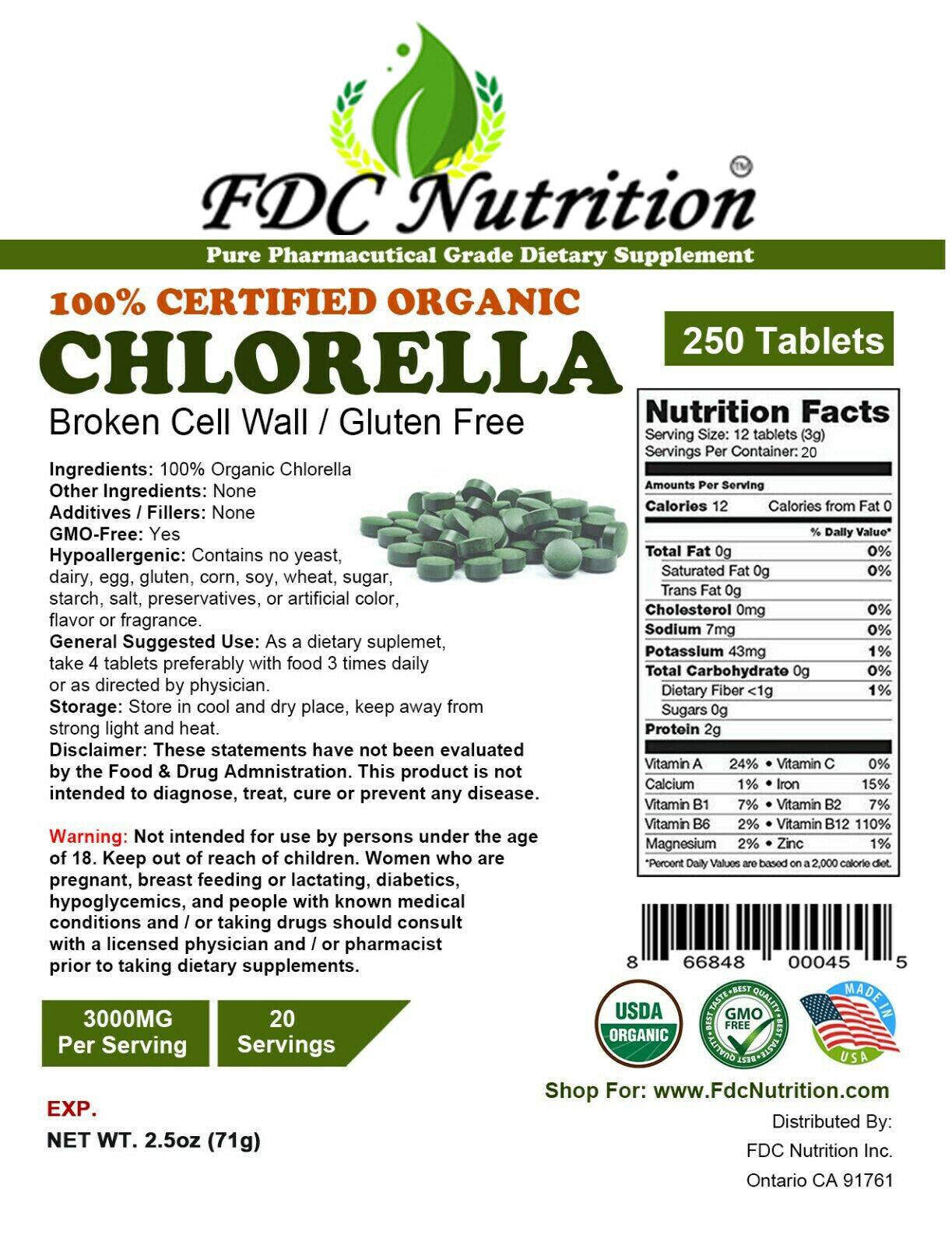 Organic Chlorella Tablets Broken Cell 3000Mg per Serving, 250 Tablets