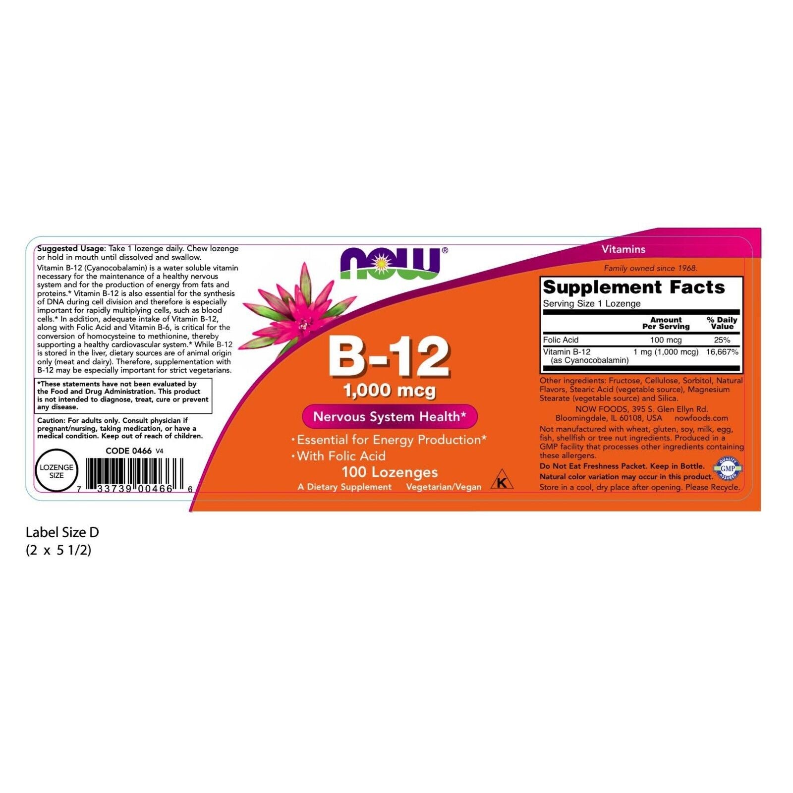 NOW Foods Vitamina B-12 (1000 Mcg) Con Ácido Fólico Masticable, 100 Pastillas