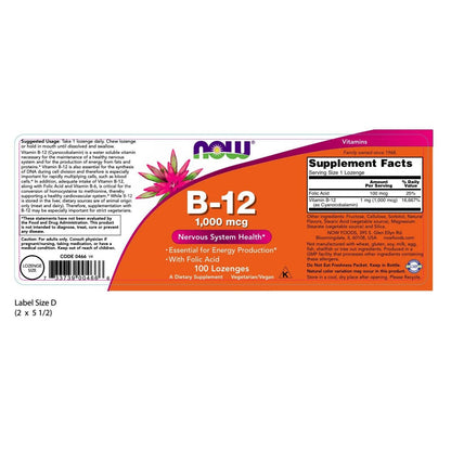 NOW Foods Vitamina B-12 (1000 Mcg) Con Ácido Fólico Masticable, 100 Pastillas