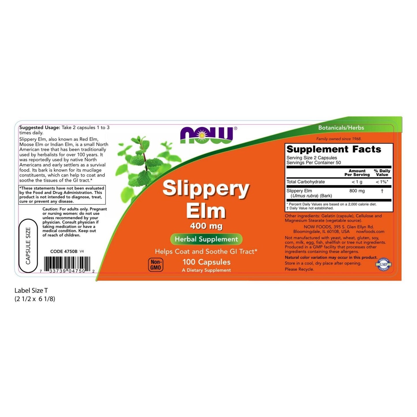 NOW Foods Slippery Elm, 400 Mg, 100 Veg Capsules