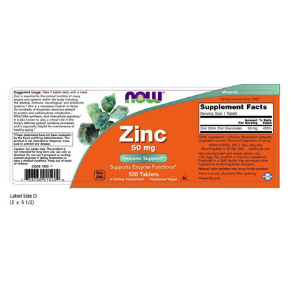 NOW Foods Zinc Gluconate, 50 Mg, 100 Tablets