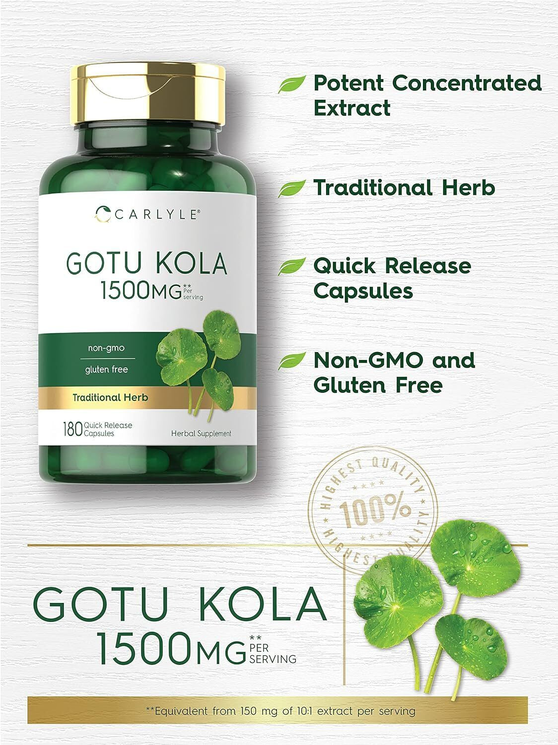 Gotu Kola Capsules 1500Mg | 180 Count | Non-Gmo, Gluten Free | Traditional Herb