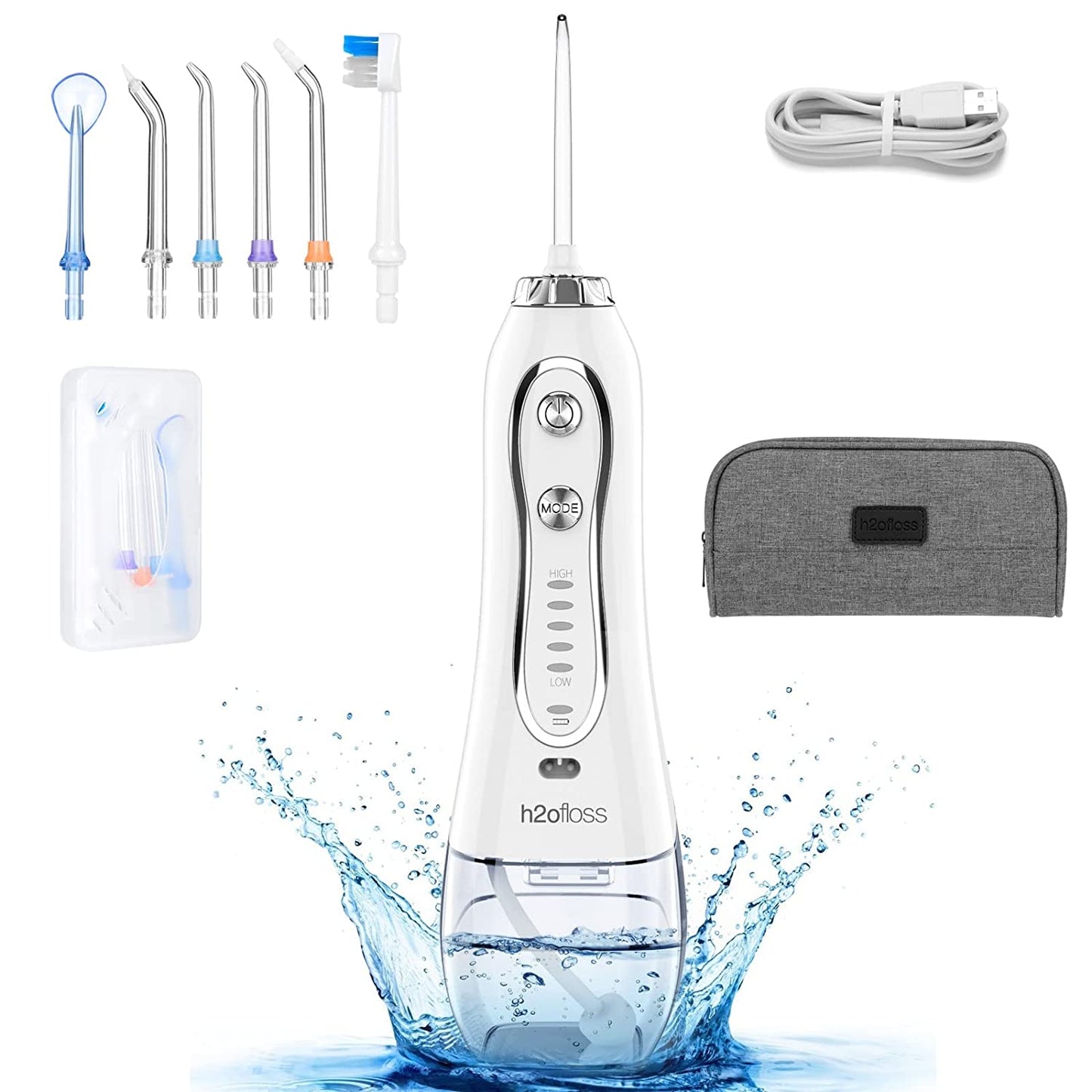 H2Ofloss Water Flosser Portable Dental Oral Irrigator with 5 Modes, 6 Replaceabl