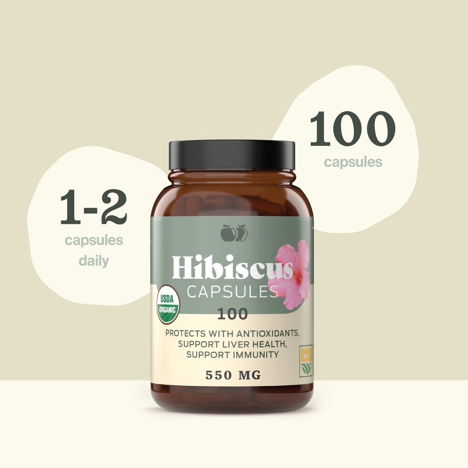 Organic Hibiscus Capsules - 100 Count, 550Mg, Antioxidant & Herbal Hibiscus