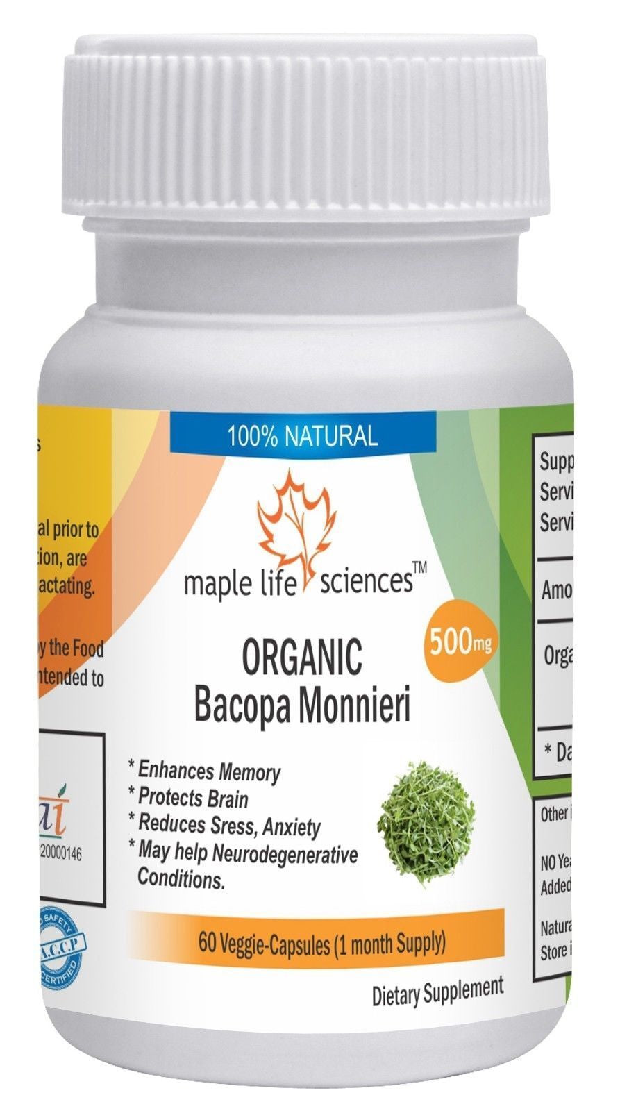 ORGANIC Bacopa Monnieri Leaves Capsules (Brahmi) Improve Memory Anti-Stress