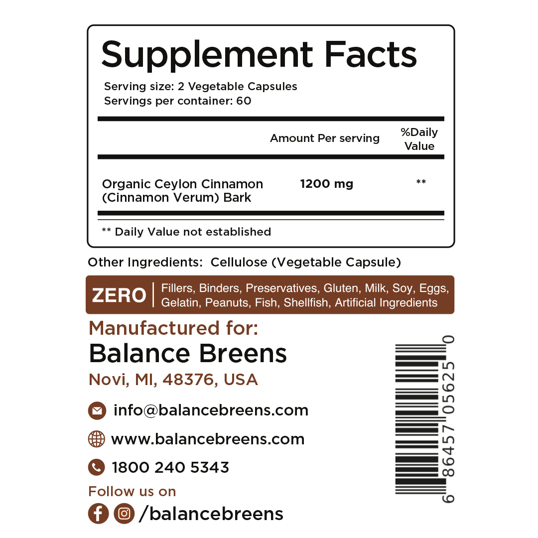 Organic Ceylon Cinnamon potent 1200 Mg per Serving - 120 Veg Capsules