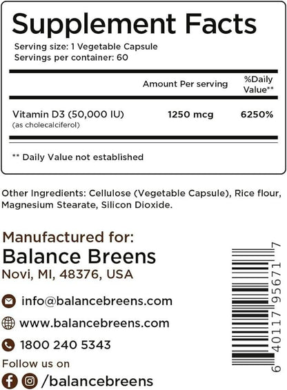 Vitamin D3 50,000 IU - 60 Veg Capsules - High Potency Gluten