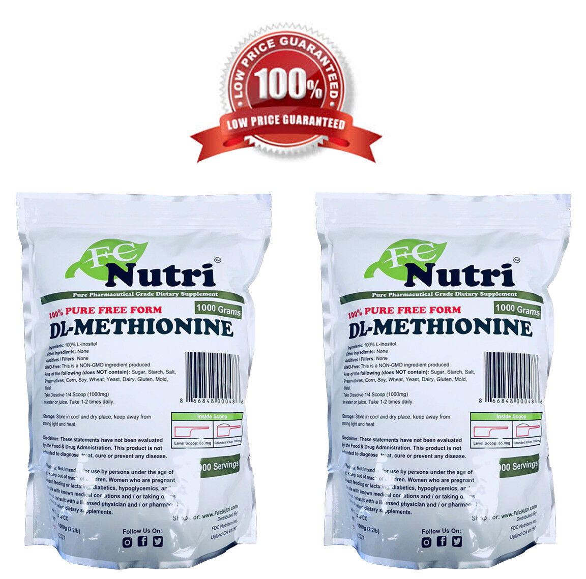 Best Dl-Methionine Powder 100% Pure 2.2Lb X2 Bags (1000 Grams) by Fdcnutri