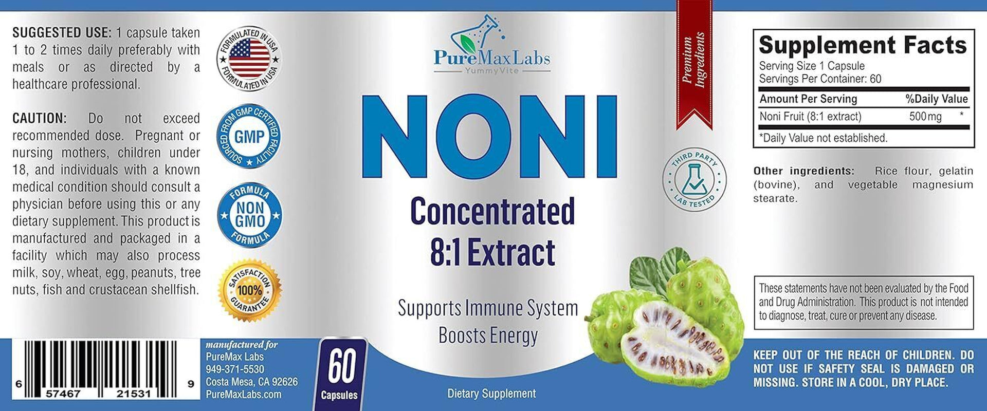 YUMMYVITE Noni Capsules - Concentrated 8:1 Noni Fruit Extract Superfood (Morinda