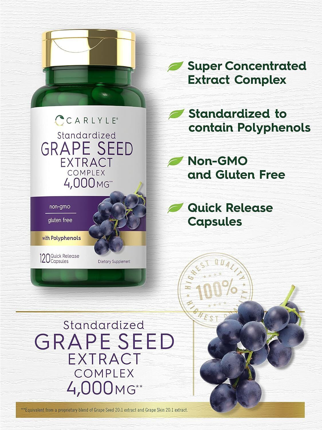 Carlyle Grape Seed Extract 4,000Mg | 120 Quick Release Capsules | Standardized E